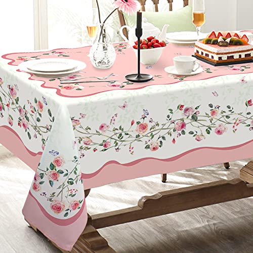 "Virtumob Valentine's Day Tablecloth Decoration Tablecloths, Pink Rose Rosette Butterfly Table Covers, Waterproof Table Cover for Dinner Kitchen Party Holiday Decor 60""x 84"" Oblong/Rectangle"