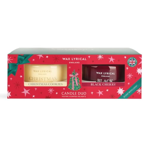 Wax Lyrical Candle Duo - Black Cherry and Christmas Cookies - Two Mini Jar Candles, Fruity and Spiced Biscuit Scents, Sandalwood, Amber & Vanilla Scents, Up to 40 Hour Burn Time Each