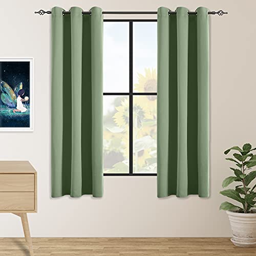 JSFLY Blackout Curtains for Bedroom 2 Panels 42 W x 63 L Long Greyish Green - Thermal Insulated Light Blocking Room Darkening Curtains Solid Grommet Window Drapes for Living room
