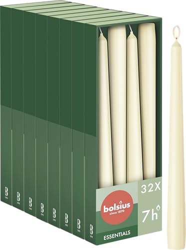 Bolsius Smooth Taper Candles - Ivory - Pack of 32 - Decorative Household Candles - Burning Time 7 Hours - Unscented - Contains Natural Vegan Wax - Without Palm Oil - 24.5 cm