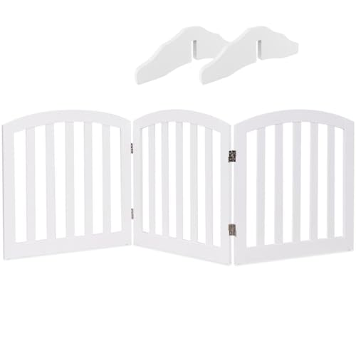 GYMAX Foldable Pet Fence, Freestanding Dog Gate with Wooden Frame and Metal Hinges, Safety Indoor Barrier for Kitchen, Doorway and Stairs