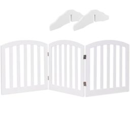GYMAX Foldable Pet Fence, Freestanding Dog Gate with Wooden Frame and Metal Hinges, Safety Indoor Barrier for Kitchen, Doorway and Stairs