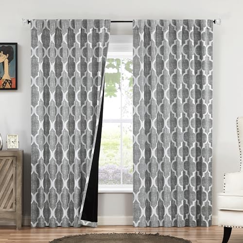 Beauoop Moroccan 100% Blackout Curtains Bedroom Grey 50x84 2 Panels - Geometric Room Darkening Drapes for Living Room 84 Inch Long Thermal Insulated Soundproof Lattice Window Treatment Rod Pocket