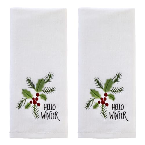 SKL Home Christmas Hello Winter Holly 3D Hand Towel 2pc Set for Bath/Kitchen/Bar & Gift, White