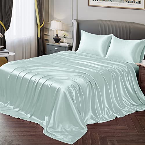 Vonty Satin Twin Bed Sheets - Silky Soft Satin Sheet Set, Ice Blue, 1 Deep Pocket Fitted Sheet + 1 Flat Sheet + 2 Pillowcases