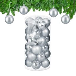 Relaxdays Christmas Bauble Set of 30, Glittery, Matt & Shiny Ornaments, Plastic Xmas Tree Balls, HxD: 7 x 6 cm, Silver