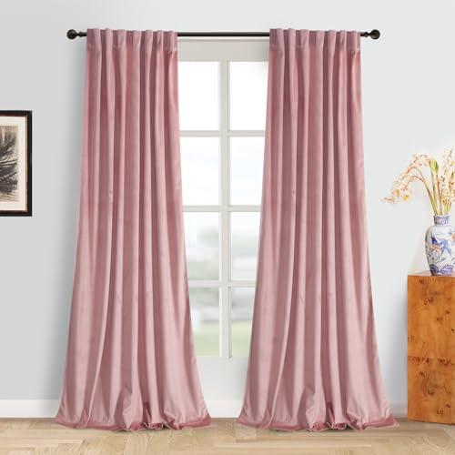 Roslynwood Luxury Soft Dusty Pink Velvet Curtains 72 inches Long Back Tab Thermal Insulated Blackout Window Drapes for Living Room/Bedroom/Dining Room, W52 x L72, 2 Panels