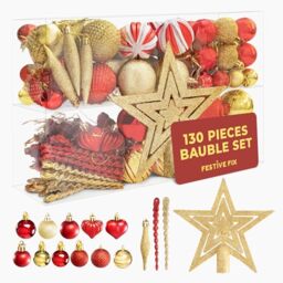 Festive Fix 130-Piece Christmas Tree Decorations Set – Red & Gold Baubles, Snowflakes & Tree Topper – Shatterproof Ornaments for Xmas Décor, Glitter & Matte Finishes, Luxury Holiday Bauble Set