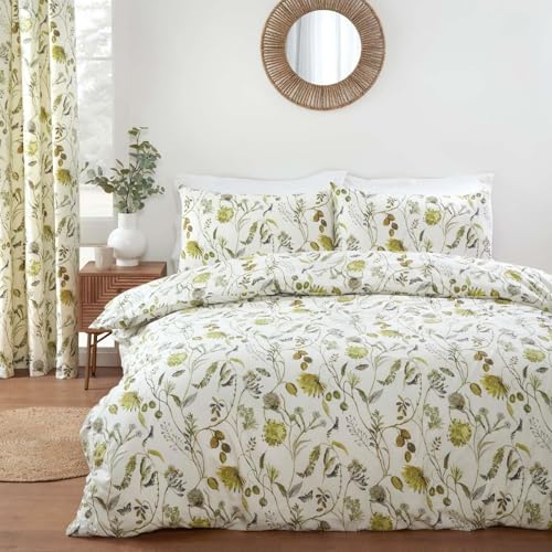 Prestigious Textiles Sundour Grove Stunning Floral & Butterfly Design Duvet Cover Set in Fennel Green on a Natural Background Double Bed Grove