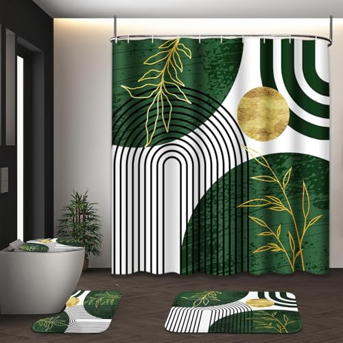 Tayney Olive Green and Gold Boho Mid Century Shower Curtain Set with Toilet Lid Cover and Non-Slip Rugs, Abstract Geometric 4 Pcs Modern Minimalist Shower Curtain for Bathroom Set with 12 Hooks