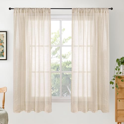 BGment Natural Linen Curtains 63 Inches Long for Bedroom Windows, Sheer Drapes Lightweight Rustic Country Textured for Farmhouse Living Room Decor Rod Pocket, 2 Panels Set, Each 42 Inch Wide