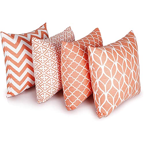 Penguin Home Set of 4 100% Slub Cotton Fabric Cushion Covers 45cm x 45cm Double Sided Square Pillow Covers with Invisible Zipper Pillow Cases for Living Room, Bedroom, Sofa (Coral)