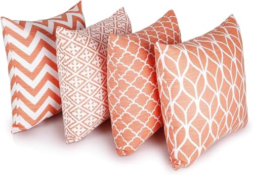 Penguin Home Set of 4 100% Slub Cotton Fabric Cushion Covers 45cm x 45cm Double Sided Square Pillow Covers with Invisible Zipper Pillow Cases for Living Room, Bedroom, Sofa (Coral)
