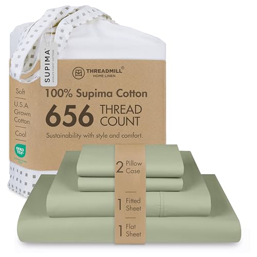 Threadmill 656TC Supima Cotton King Sheet Set, Sateen, Sage Green, 4-Piece - 100% Supima Cotton, Sateen Weave, 4-Piece Set, All-Around Elastic, Hotel Quality, OEKO-TEX Certified, Machine Washable