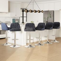 MALOL Adjustable Bar Stools Set of 6, Swivel Counter Stools with Backrest, Chenille & Faux Leather Upholstered Bar Chairs, Height Adjustable Kitchen Breakfast Bar Stools, Chrome Metal Base,Blue