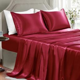 GOLAL Satin Sheets Full Size - 4 Pieces Luxury Silky Soft Bed Sheets, Wrinkle-free Burgundy satin silk sheet set with 1 Deep Pocket Fitted Sheet, 1 Flat Sheet, 2 Pillow cases
