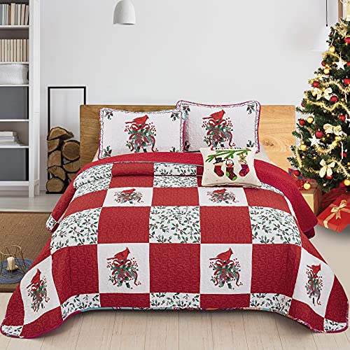 "WONGS BEDDING Christmas Quilt Set Queen(90""x96"") Red Berries and Cardinals Pattern Bedding Solid Quilted Bedspread Coverlet with 2 Pillow Shams, Soft Microfiber Red White Plaid Patchwork Bedding"
