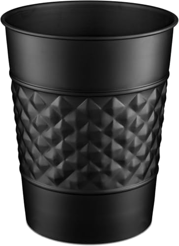 Monarch Abode 29128 Handcrafted, Geometric Embossed, Metal Wastebasket Trash Can for Home Office Bedroom, Decorative Wastebasket, Modern Bathroom Decor, Durable, Black