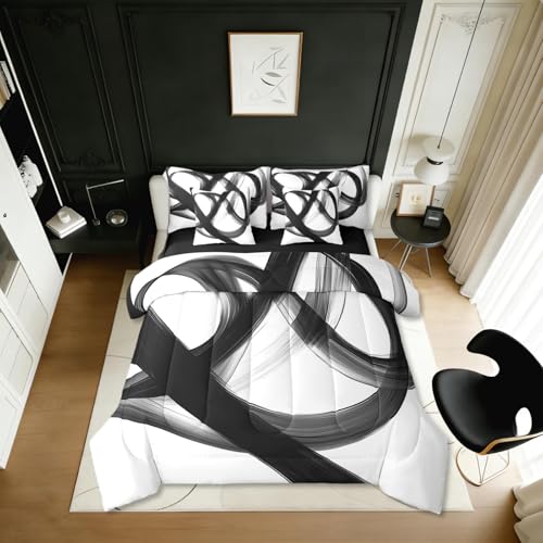 Erosebridal Abstract Modern Black White 7 Piece Comforter Set Full Bed in A Bag Neutral Minimalist Lines Bedding Set for Boys Men Geometric Sheet Set Contemporary Art Simple Quilt Room Decor
