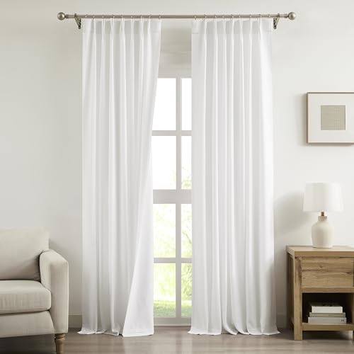 "Vision Home White Pinch Pleated Light Filtering Curtains with Microfiber Liner 102 inch Privacy Drapes for Living Room Bedroom Back Tabs with Hooks 2 Panels 40"" Wx102 L"