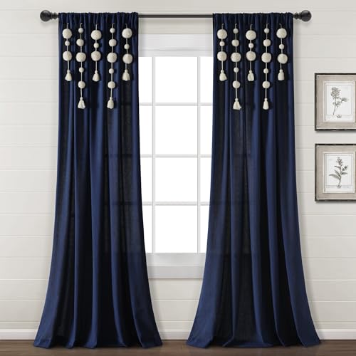 "Lush Decor Boho Pom Pom Tassel Linen Window Curtain Panel (Single Panel), 84"" L x 52"" W, Navy"