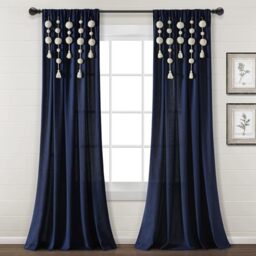 "Lush Decor Boho Pom Pom Tassel Linen Window Curtain Panel (Single Panel), 84"" L x 52"" W, Navy"