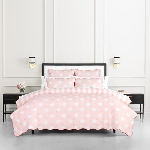 Kate Spade New York Eclipse Stripe Dot 2-Piece Twin Quilt Bedding Set, 100% Cotton Reversible Cover, All Season Warmth Bedding, Machine Washable, Pink