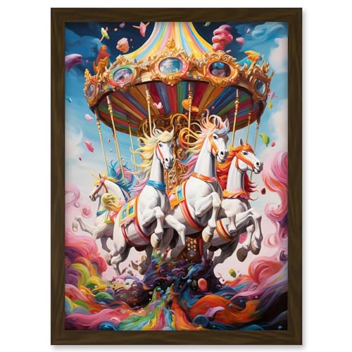 Artery8 Magical Carousel in Rainbow Clouds Bright Bold Vibrant Fantasy Kids Bedroom Baby Nursery Artwork Framed A3 Wall Art Print