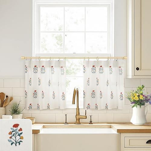 Lino Rosa Red Christmas Curtains for Kitchen Window Over Sink,Vintage Farmhouse Whimsical Fun Floral Country Cafe Small Cabinet Curtains 18 Inch Length