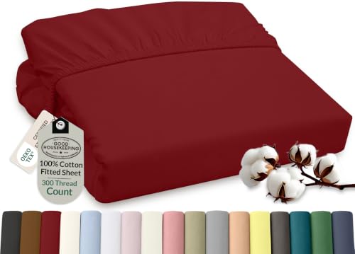 ROYALE LINENS 300 Thread Count 100% Long Staple Combed Cotton Fitted Sheet King - Super Soft Deep Pocket Bottom Sheet - Fitted Sheets Only - Elastic Sheets (King, Red)