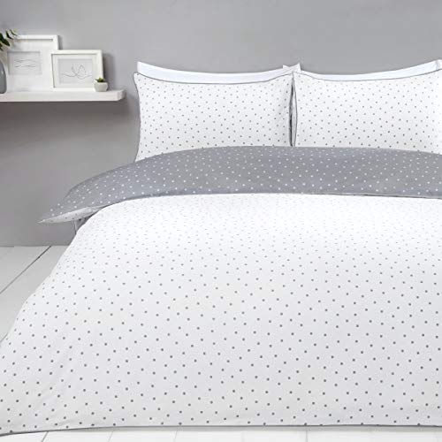 Sleepdown Mini Polka Dots Grey White Reversible Easy Care Duvet Cover Quilt Bedding Set with Pillowcases - Super King (220cm x 260cm)