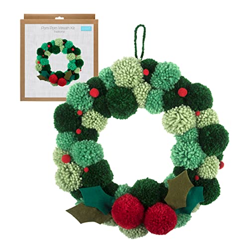 Trimits Pom Pom Wreath Kit, Make Your Own Front Door Garland with Yarn, Needle & Instructions - Festive Green