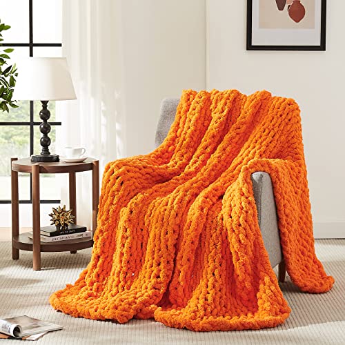 L'AGRATY Chunky Knit Throw Blanket for Couch 80'' x 90'' Knit Throw, Orange - Handmade Chenille Crochet Blanket for Sofa Bed, Thick Cable Knitted Blankets for Room Home Decor, Birthday Gift for Women Mom