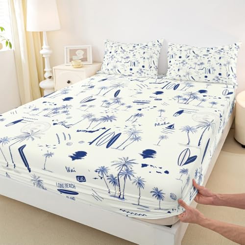 Coastal Beach Fitted Sheet Full Size,Surfboard Sailboat Palm Tree Bedding Set 3Pcs for Kids Girls Boys Teens Room Decor Summer Ocean Life Bed Sheet Navy Blue White Deep Packet Sheet,2 Pillowcases