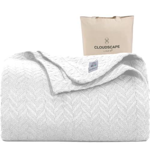 Luxury Cotton Blankets for King Size Bed - All-Season Cozy 100% Cotton King Size Blanket - Herringbone Soft & Lightweight Fall Thermal Blanket fits Cal King Size Bed - White