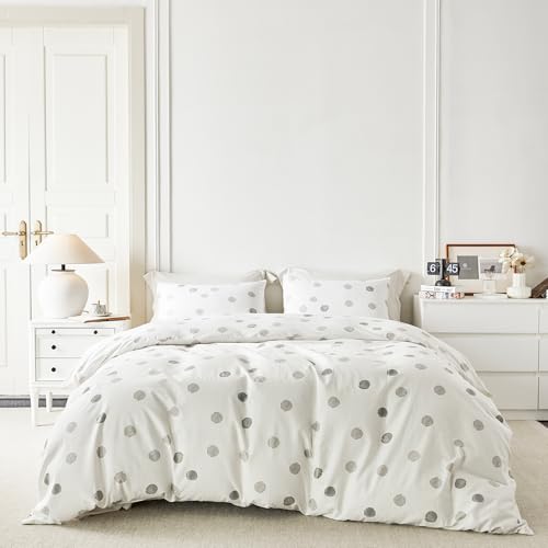 YuHeGuoJi Polka Dots Pattern Duvet Cover King 100% Cotton 3 Pcs Set 1 Grey White Geometric Duvet Cover with Zipper Ties 2 Pillowcases Neutral Black Circle Print Bedding Set Soft