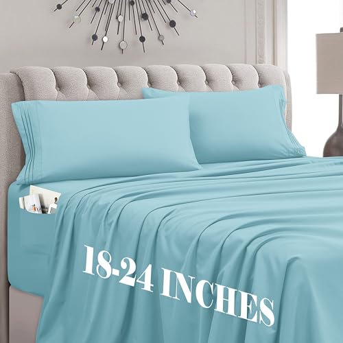 Mocassi Twin XL Size 4-Piece Bed Sheet Set - 1800 Premium Hotel Quality Microfiber 18-24 Inches Extra Deep Pocket Fitted Sheet- Luxury Soft, Breathable, Wrinkle, and Fade Resistant, Aqua Blue