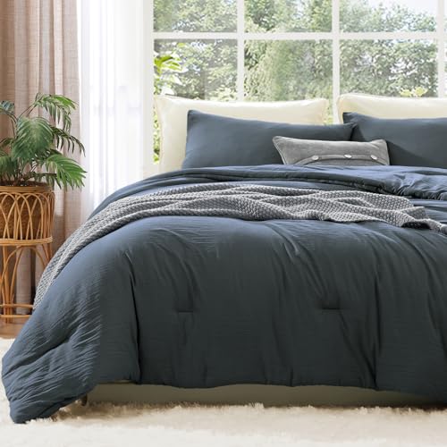 WRENSONGE Full Size Comforter Sets - 3 Piece Blue Grey Prewashed Soft Lightweight All Season Fluffy Down Alternative Full Size Comforter with 2 Pillow Shams