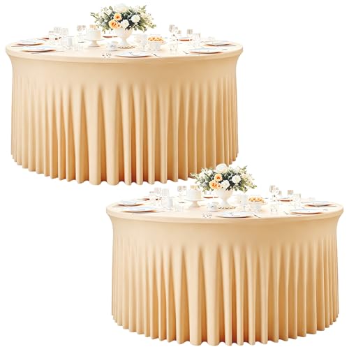 2 Pack Champagne Table Cloth for Round Table, Fitted Spandex 60 inch Round Tablecloth, Wrinkle Free TableSkirt for Receptions Birthday Photography Party Social Events Engagement Party Decorations