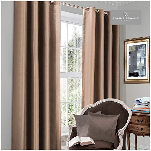 "Gaveno Cavailia BlackOut Eyelet Curtains Latte, 100% Polyester Luxury Ring Top Drapery with Matching Tie Backs, Two 66""x72"" Thermal Panels, Easy Care Window Treatment"