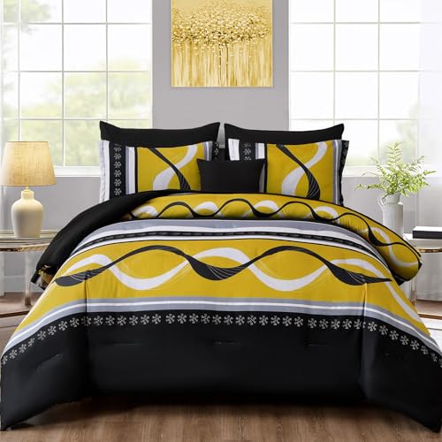 "Anibedding Yellow Black Comforter Set King Size,8 Pieces Bed in a Bag Patchwork Striped Bedding Sets,Boho Soft Microfiber Bedding Set for All Season(104""??90"")"