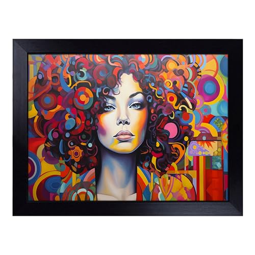 Lap Tray with Bean Bag Cushion, Woman with Afro Pop Art - Handmade in the UK, Raised Wooden Edge, Padded Cushion, Heat-Resistant Wipe-Clean Surface, for Meals, Laptops and Crafts