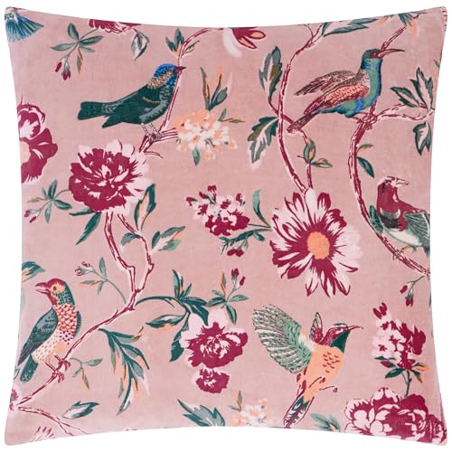 furn. Wylder Aviary Cushion Cover – Cotton Velvet Country Garden Bird Decorative Case (Blushed Rose – 50x50cm)
