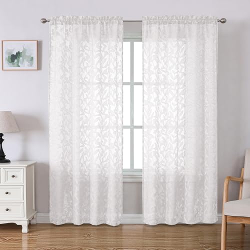 "Lecloud Leia White Sheer Curtains 72 Inches Long 2 Panels, Jacquard Texture Leaves Voile Curtain Balance Light & Privacy, Dual Rod Pockets Drapes for Living Room Bedroom Dining Room, 42"" W x 72"" L"
