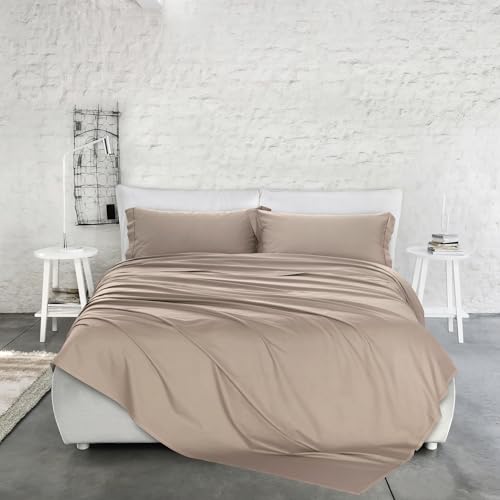 PENSIERI DELICATI Double Bed Set in Satin Plain Colour 100% Cotton, Complete Double Bed Sheet Set, 250 x 300 cm, Including Bottom Sheet, Top and 2 Pillowcases, Made in Italy, Taupe