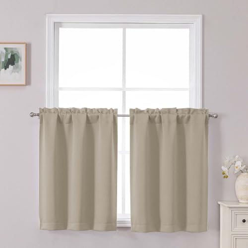 Chyhomenyc Short Blackout Curtains 30 Inch Length - Small Room Darkening Thermal Insulated Half Window Curtains for Kitchen Basement Cabinet Camper Bathroom, 2 Panels, 30Wx30L, Biscotti Beige