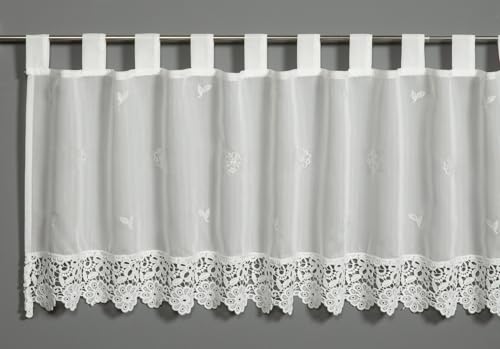 Gardinia Batiste Bistro Curtain with Floral Embroidery and Lace Trim, White, 135 x 48 cm