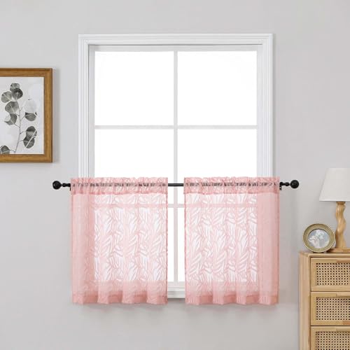 OVZME Short Blush Pink Sheer Curtains 24 inch Length 2 Panels Set, Textured Soft Airy Elegant Leaf Jacquard Kitchen Curtains Tier for Bathroom Bedroom Living Room Small Windows, 2x30Wx24L Inches