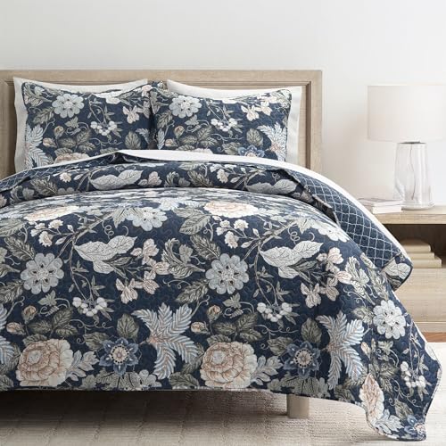 Lush Decor Sydney Reversible Cotton Quilt Navy/Multi 3 Piece Set King - Soft Lightweight Printed Floral Bedding Set for All Season