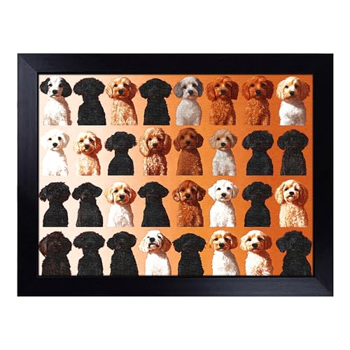 Lap Tray with Bean Bag Cushion, Labradoodle Pattern - Handmade in the UK, Raised Wooden Edge, Padded Cushion, Heat-Resistant Wipe-Clean Surface, for Meals, Laptops and Crafts
